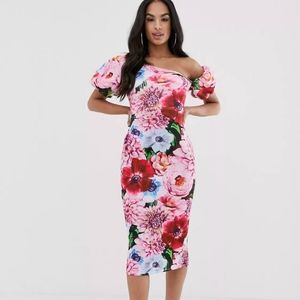 ASOS Design floral asymmetric bubble sleeve midi dress